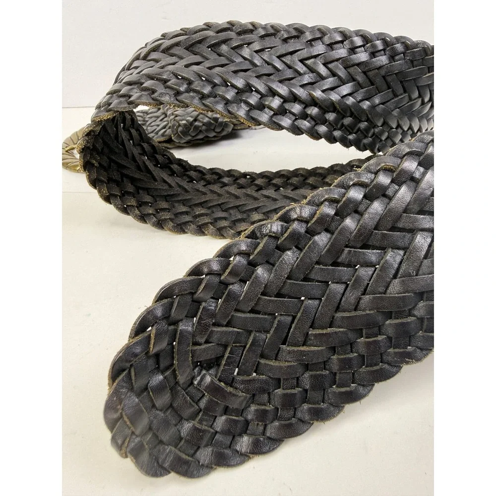 Club Monaco Dark Black Braided Leather Belt Wide Brass Rope Buckle VTG